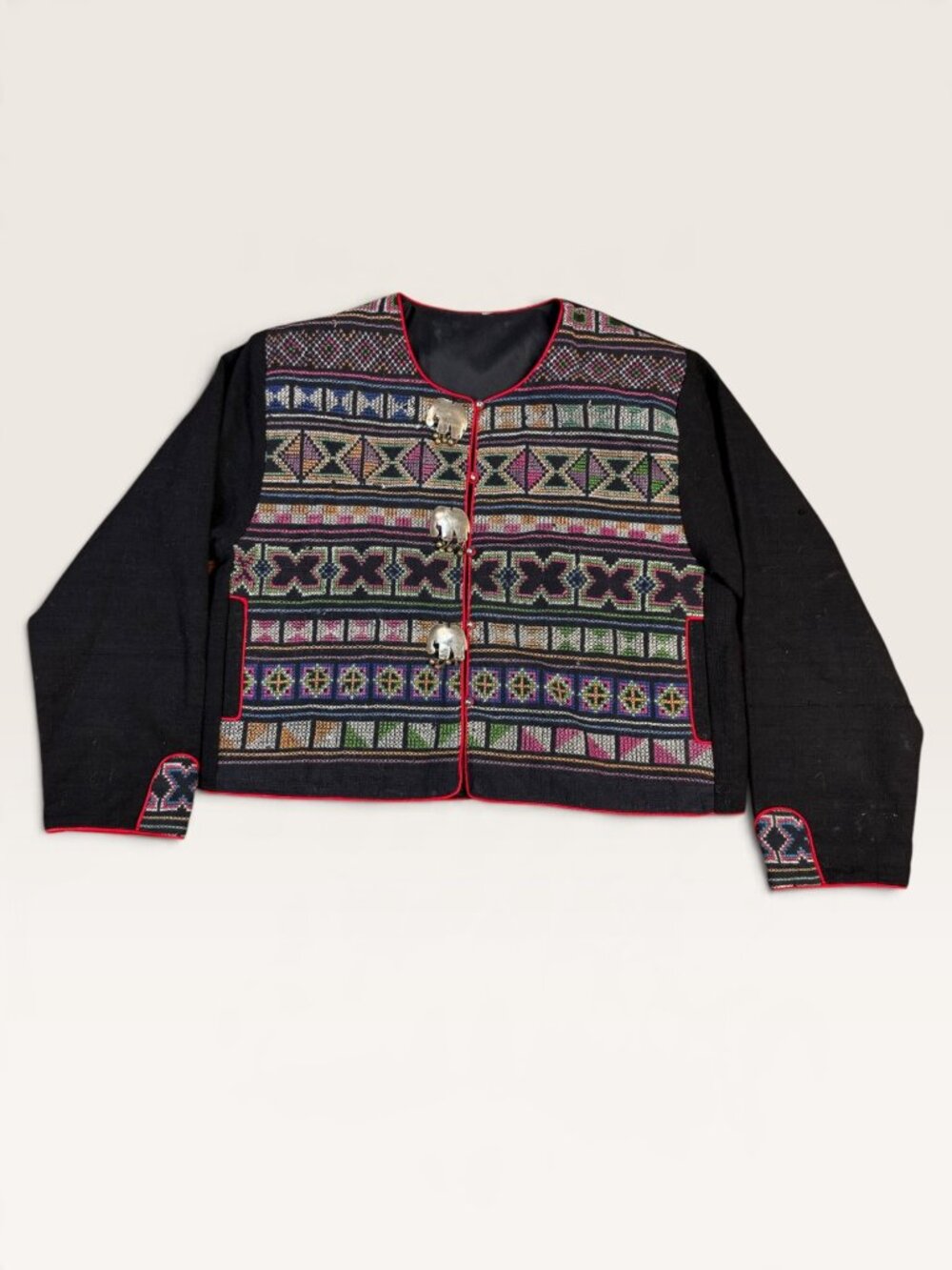 Black Cross Stitch Embroidered Jacket Elephant Clasps Red Piping Hmong Style